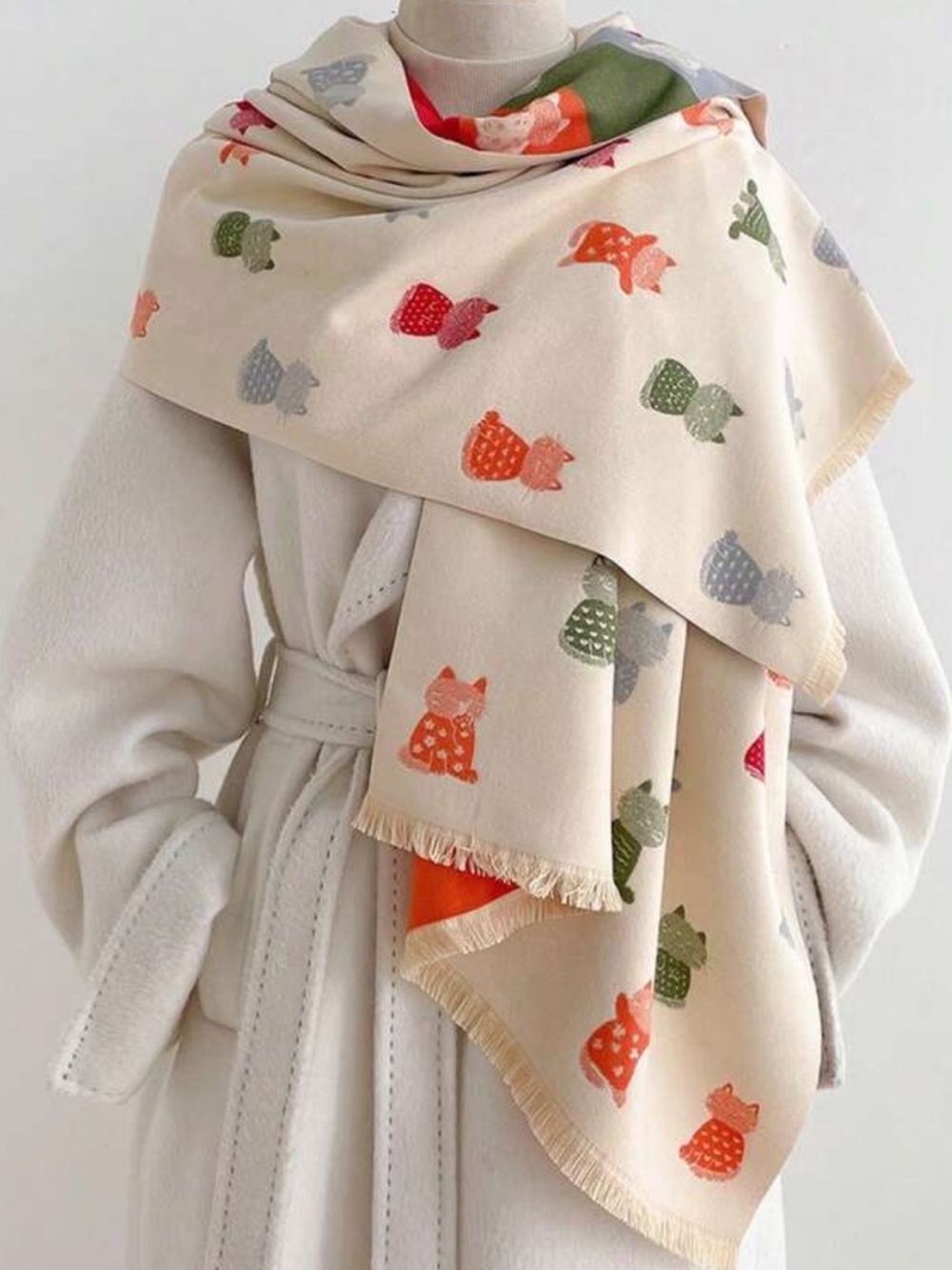 Cream Cat Print Jacquard Wrap Scarf - Multicolor Accents